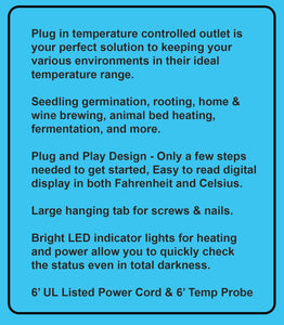 1000 Watt Heating Thermostat Controller, 34-108°F Plug in Heat Pad/Mat Outlet