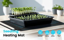 Load image into Gallery viewer, Seeding heating mat with seedlings on a table, featuring text and icons about product features.