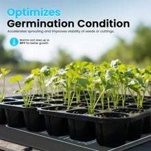 Load image into Gallery viewer, Seedlings in black pots on a germination mat with text about optimizing germination conditions.