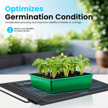 Load image into Gallery viewer, Green seedling tray with small plants on a mat, with text about optimizing germination conditions.