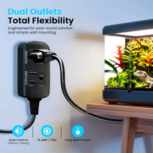 Load image into Gallery viewer, Power strip with dual outlets next to a terrarium with a lizard, on a light blue background.