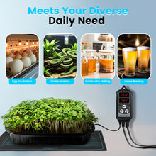 Load image into Gallery viewer, Temperature controller with applications for egg incubation, snake heaters, kombucha making, and home brewing on a light blue background.