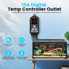 Load image into Gallery viewer, 15A Digital Temp Controller Outlet with reptile terrarium on a light blue background