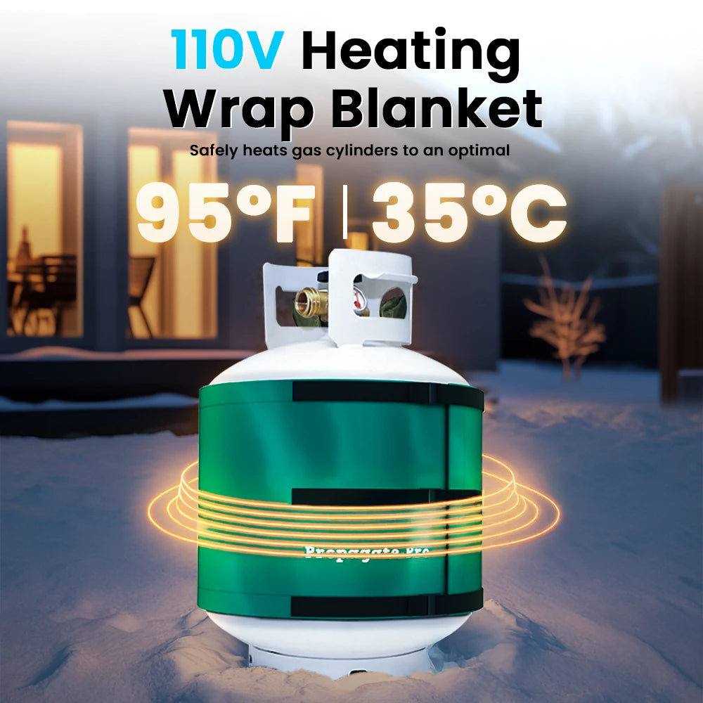 Heating wrap blanket on a gas cylinder with text indicating temperature and usage.