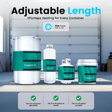 Load image into Gallery viewer, Adjustable length heating device for various containers with a warehouse background.