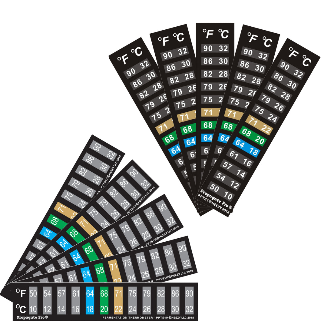 Combo of 5-pack of Propagate Pro Vertical temperature strips & 5-Pack Horizontal Temperature strips laid out in a fan pattern
