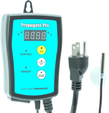 A digital heating thermostat controller with a blue interface panel, a power plug, and a probe cable, designed for temperature control in various applications such as heating mats or pads.
