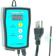 A digital heating thermostat controller with a blue interface panel, a power plug, and a probe cable, designed for temperature control in various applications such as heating mats or pads.